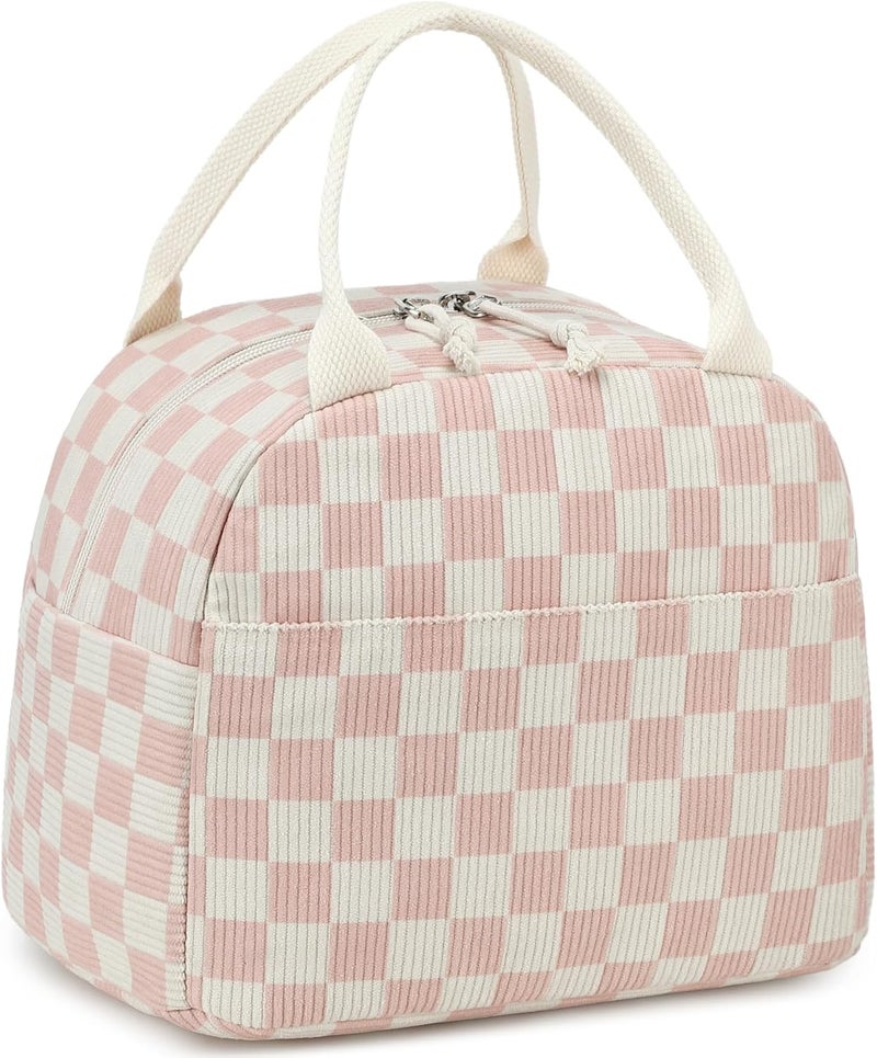 Lunch Box for Women Insulated Lunch Bag Corduroy Lunch Tote Bags Leakproof Cooler Lunch Case for Travel Work Picnic (Checkered-Pink)